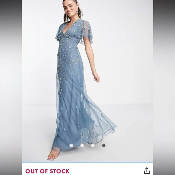 ASOS DESIGN flutter sleeve maxi dress with trailing floral embellishment in blue - Picture 5 of 6